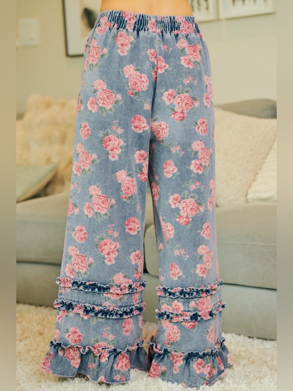 BiBi Washed Floral Denim With Ruffle Elastic Wide Pants 10010094801 - Picture 7 of 13